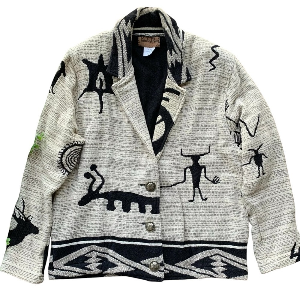 Painted Pony Southwest Western Buttoned Art Wear Jacket Beige Black Size S/M